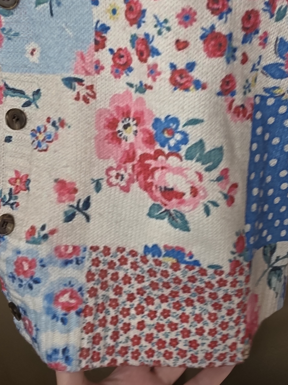 Patchwork Floral Polka Dot Oversized Button-Front Sweater Cardigan in Pink Blue - Picture 4 of 9